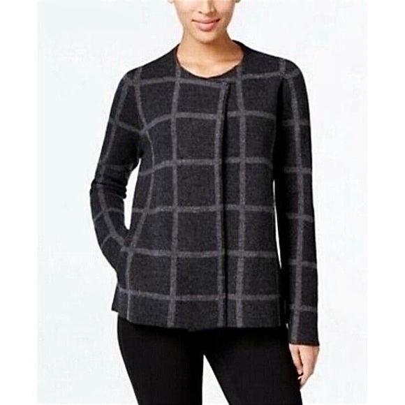 Eileen Fisher Felted Merino Wool Windowpane Check Cardigan Size Small - Picture 3 of 9